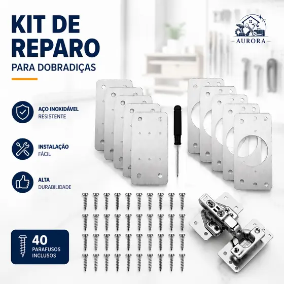 Kit 10 Placas Reparo Dobradiça Armário MDF Porta com Parafusos