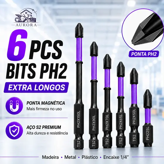 Bits Magnético Ponteira Philips Parafusadeira PH2 Jogo 6 Pcs Imantado Antiderrapante Com Imã Sextavado