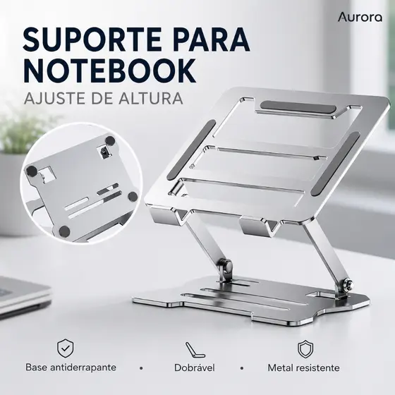 Suporte para Notebook Alumínio Ajustável Dobrável Suporta até 17 Polegadas Portátil Home Office Ergonomico