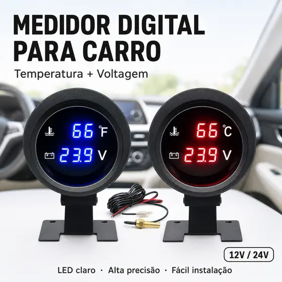 Medidor Temperatura da Água + Voltímetro Digital 2 em 1 Automotivo Universal com Sensor Carro Moto Caminhão
