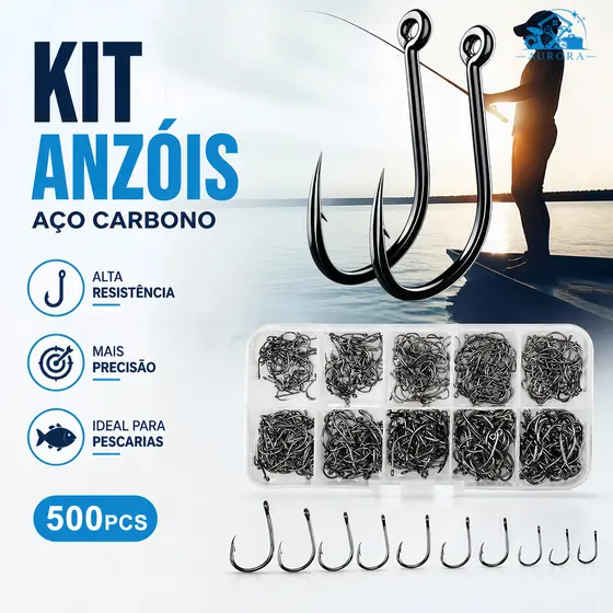 Kit Pesca:500 Anzóis Chinu nos Tamanhos 3 ao 12 com Estojo de Armazenamento