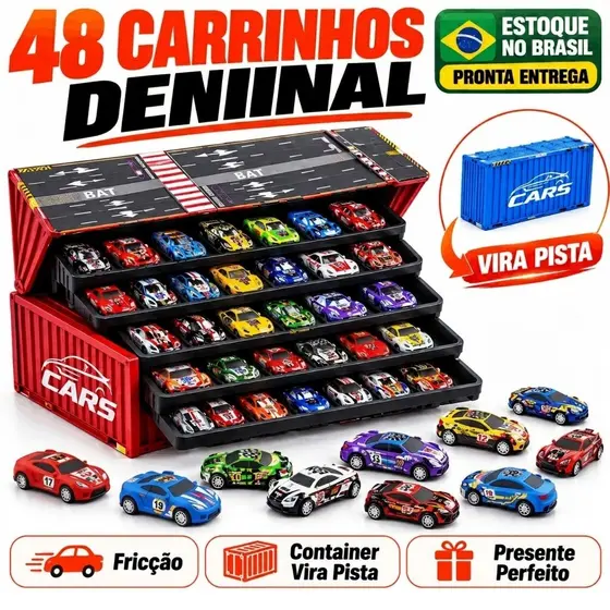 Kit 48 Carrinhos de Metal Fricção Maleta Container Vira Pista 48 Modelos Brinquedo Infantil