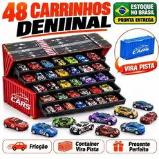 Kit 48 Carrinhos de Metal Fricção Maleta Container Vira Pista 48 Modelos Brinquedo Infantil