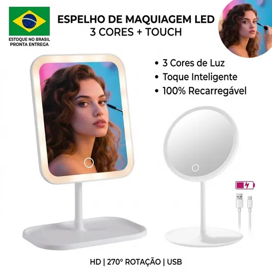 Espelho de Maquiagem LED 3 Cores Touch Recarregável USB Rotação 270° Luz Ajustável HD Portátil com Bandeja