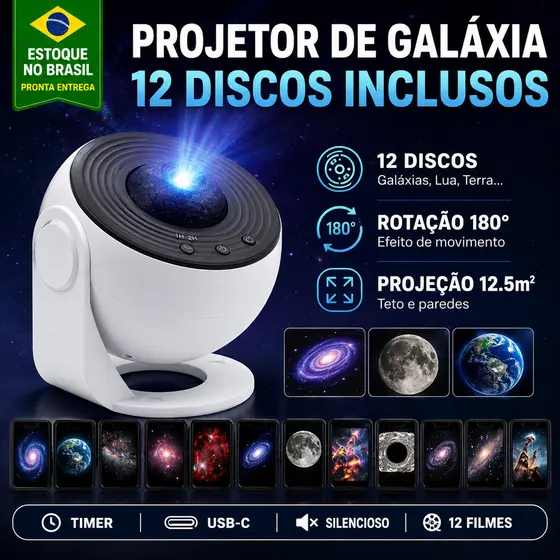 Projetor Galaxia Luminaria Led Estrelas Terra Lua Nebulosa 12 em 1 Giratorio 360 Com Timer