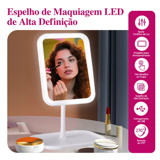 Espelho de Maquiagem Mesa LED 3 Cores Recarregável Espelho Mesa Touch Luzes Ajustáveis Portátil USB