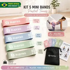 Kit 5 Mini Bands Tons Pastéis Elástico Treino Em Casa Glúteos Pernas 5 Níveis Pilates Yoga Fisioterapia Com Bolsa