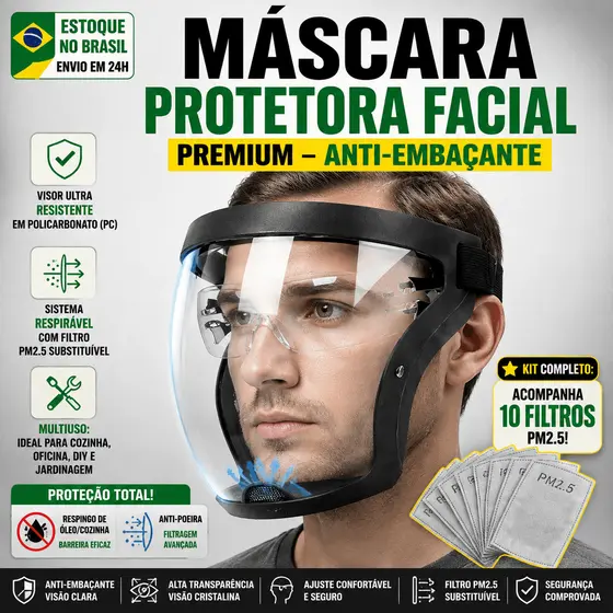 Protetor Facial Face Shield Transparente Anti-Embaçante Máscara Proteção Completa Cozinha Oficina Com 10 Filtros