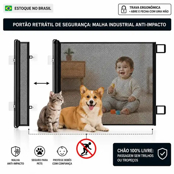 Portão Retrátil para Cachorro Gato Bebê Grade de Segurança Pet Tela Ajustável Cerca Porta Escada Corredor 110-180cm