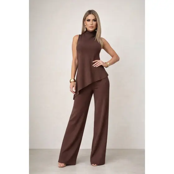 Conjunto Feminino Anarruga Elegante Gola Alta Assimétrico Calça Pantalona Confortável Chic Premium