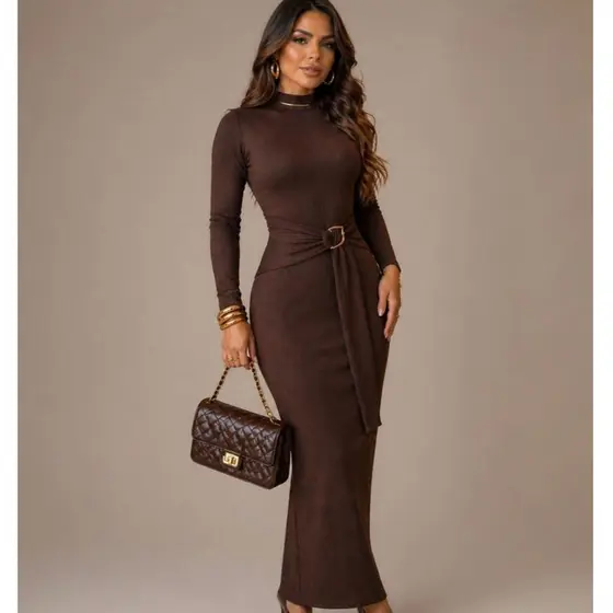 vestido midi femino elegante, ajustado, feminino vestido com fenda manga longa