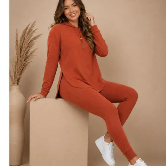 Conjunto Feminino Lanzinha Inverno Blusa Capuz Manga Longa Calça Ajustada Casual Confortável
