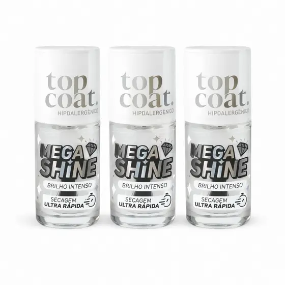 Kit 3 Top Coat Mega Shine 8,5ml Blant – Brilho Intenso e Secagem Rápida