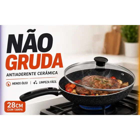 Frigideira Antiaderente Revestimento contem Cerâmico 28cm com Tampa | Não Gruda | Resistente