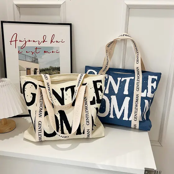 Bolsa de lona com letras japonesas, bolsa feminina de grande capacidade para estudantes literários, sacola All-Match Com