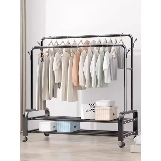Cabide de chão doméstico, cabide simples de haste dupla, varanda, roupas móveis, armazenamento de camada dupla, haste de