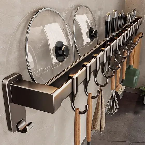 Rack de cozinha sem perfuração gancho ventosa pendurado haste pote tampa colher pá cabide multifuncional faca rack de ar