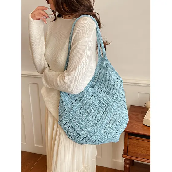 Bolsa Tote de malha estilo boêmio feminina, bolsa de ombro de malha oca, grande capacidade, leve, de praia, bolsa