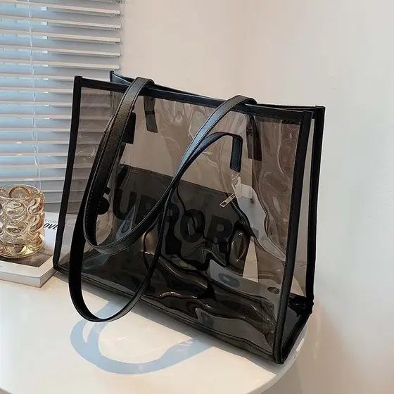Saco de geléia feminino 2026 novo estilo moda transparente saco trabalho Commuter PVC bolsa grande capacidade simples bo