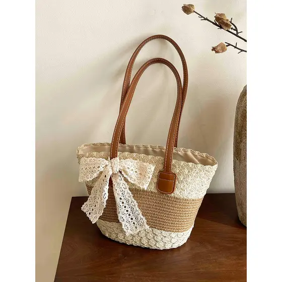 2026 verão novo estilo férias saco de palha feminino arco balde saco de um ombro cesta vegetal bolsa beira-mar praia sac