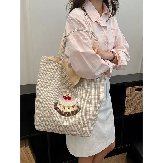Japonês bonito bolo dos desenhos animados bolsa de lona feminino xadrez dupla face sacola Casual bolsa de ombro de grand