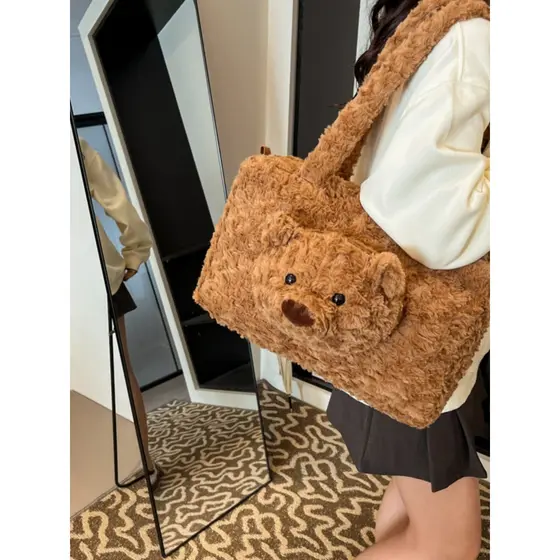 Outono inverno bonito urso Commuter grande capacidade de um ombro mensageiro mochila saco de pelúcia feminino 2024 novo 