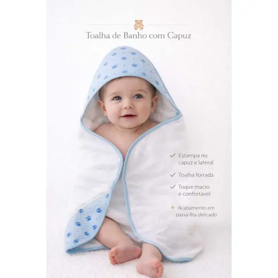 Toalha de Banho para Bebê Forrada com Fralda com Capuz Estampado