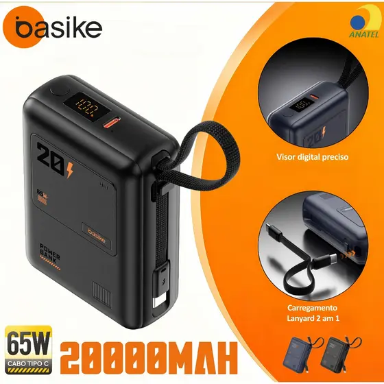 BASIKE Power Bank 20000mAh PD 65W carregamento rápido Carregamento Duplo Com 2 Cabos