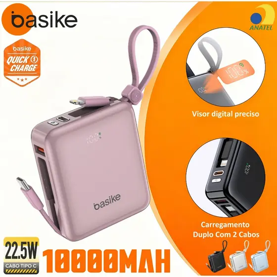 BASIKE Power Bank 10000mAh Mini PD 22.5W Carregamento Rápido Duplo com 2 Cabos Integrados