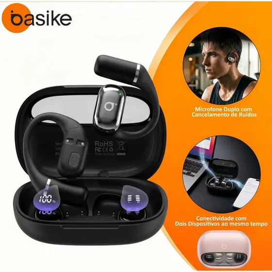 BASIKE Fone de Ouvido Bluetooth Aberto com Display 68H Bateria IPX6 Bluetooth 6.0 Compatível Android e iPhone Samsung