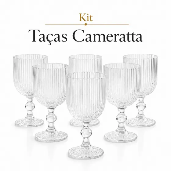 Taças Cameratta 360ml Vidro Transparente Canelado Kit 4 ou 6 Mesa Posta Elegante