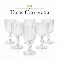 Taças Cameratta 360ml Vidro Transparente Canelado Kit 4 ou 6 Mesa Posta Elegante