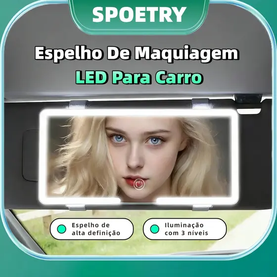 Espelho de Carro para Maquiagem 3 Modos de Luz Recarregável Brilho Ajustável Universal