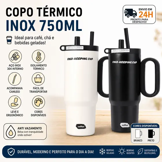Caneca Térmica 750ml Inox 316 Com Alça e Canudo Anti‑Vazamento Filtro de Chá Para Café Bebidas Geladas 12h Quente Gelado
