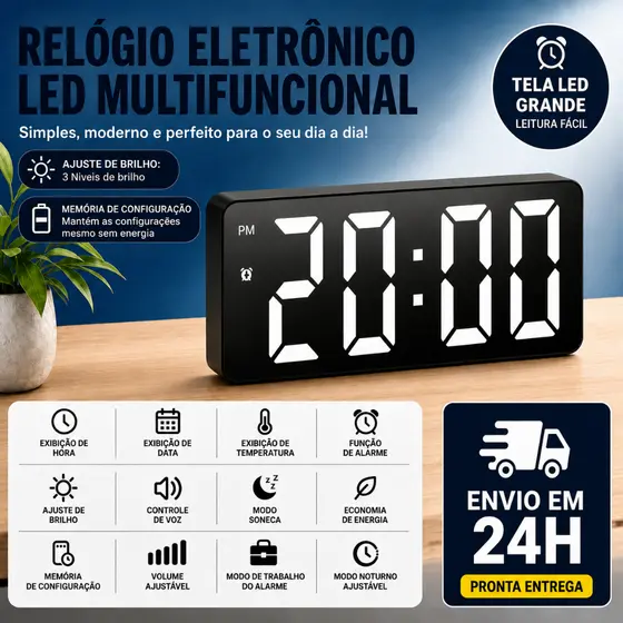 Despertador Digital LED Espelho Minimalista Silencioso, Relógio de Mesa Inteligente com Ajuste de Brilho para Quarto
