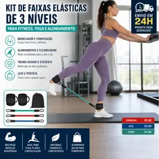 Kit de Faixas Elásticas 3 Níveis de Resistência - Treino Glúteos Pernas Fitness Yoga Pilates Alongamento