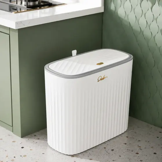 Lixeira Estreita Anti‑odor Tampa de Pressão 7L PP, Economiza Espaço para Cozinha Banheiro Quarto Escritório