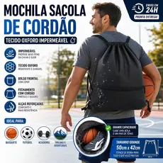 Mochila de Cordão Espaçosa Impermeável em Tecido Oxford com Bolso Frontal para Academia, Esportes e Viagens