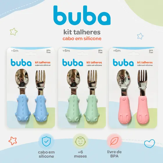 Talheres em Aço Buba Colher e Faca Cabo Em Silicone Infantil Menino e Menina
