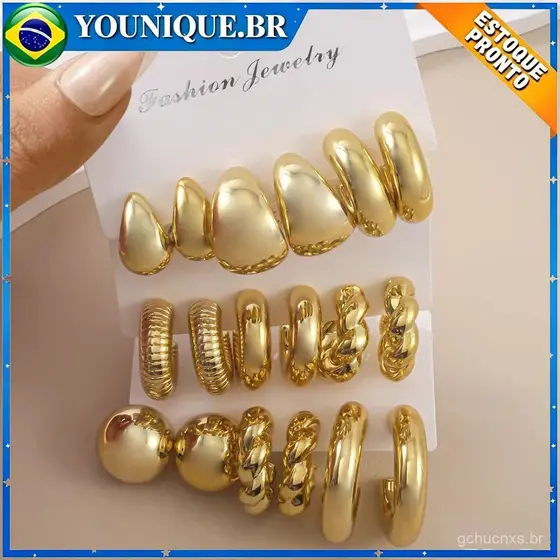 Conjunto de 9 pares de brincos dourados brincos geométricos torcidos em metal cores resistentes ao desbotamento