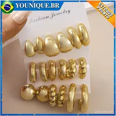 Conjunto de 9 pares de brincos dourados brincos geométricos torcidos em metal cores resistentes ao desbotamento
