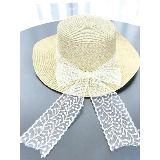 Chapéu de palha de aba grande com laço de renda feminino verão beira-mar praia protetor solar chapéu de sol férias