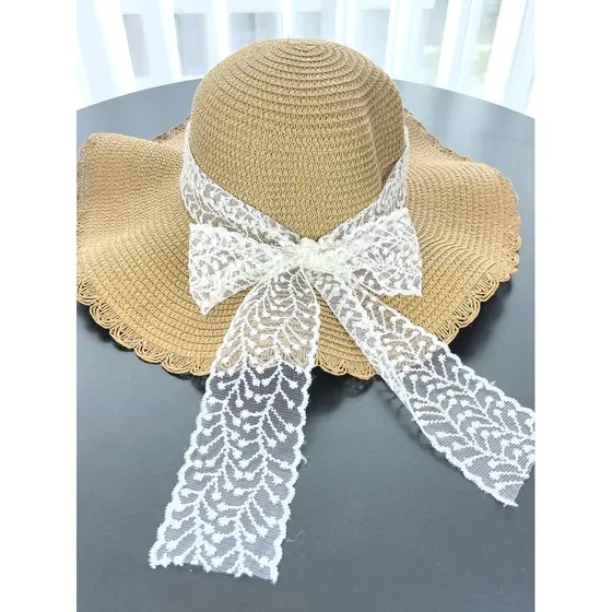 Chapéu de palha de renda feminino verão ao ar livre chapéu de sol aba grande estilo Hepburn protetor solar praia chapéu