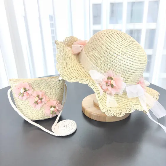 Primavera verão novo estilo menina chapéu de palha bonito bebê chapéu de sol menina beira-mar férias chapéu praia chapéu