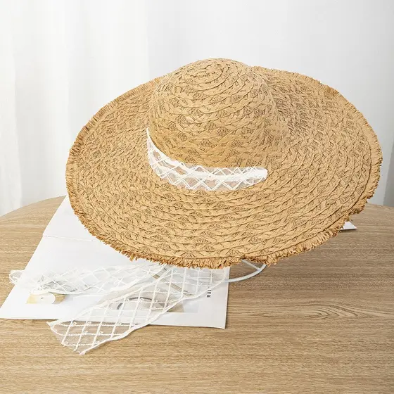 Chapéu protetor solar tecido aba grande renda circunferência da cabeça grande mostrar rosto feminino chapéu de palha ver