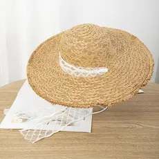 Chapéu protetor solar tecido aba grande renda circunferência da cabeça grande mostrar rosto feminino chapéu de palha ver
