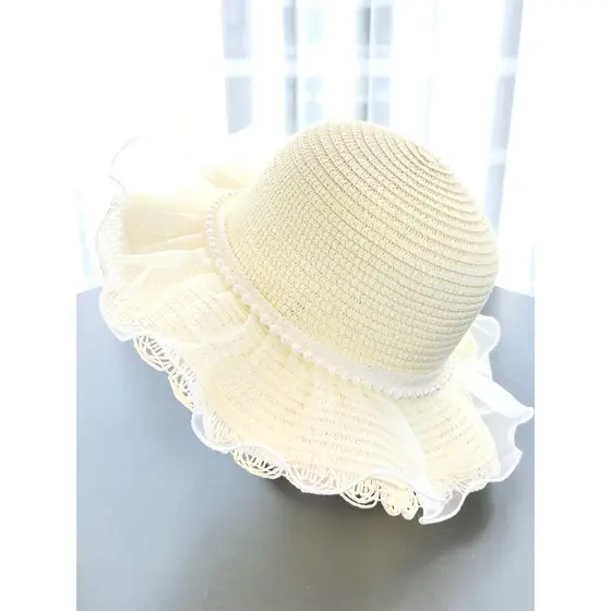 Primavera meninas chapéu renda gaze branca crianças chapéu de palha verão férias chapéu de sol com saco conjunto chapéu