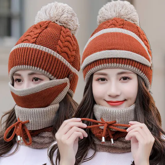 Chapéu babador máscara conjunto de três peças feminino outono inverno versão coreana forro de lã de malha engrossado que
