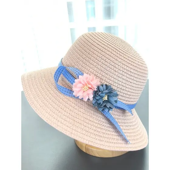 Verão meninas grande borda chapéu de palha flor decoração pára-sol protetor solar férias praia chapéu com pequeno saco c