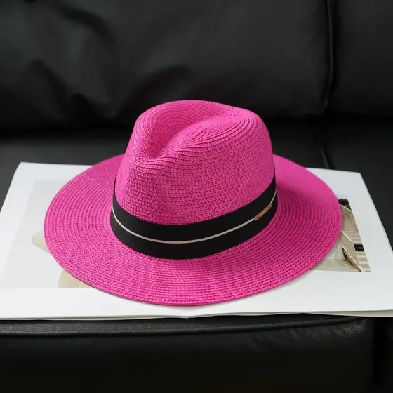 Chapéu de palha panamá unissex cartola Jazz chapéu de viagem guarda-sol protetor solar All-Match rosa vermelho chapéu de